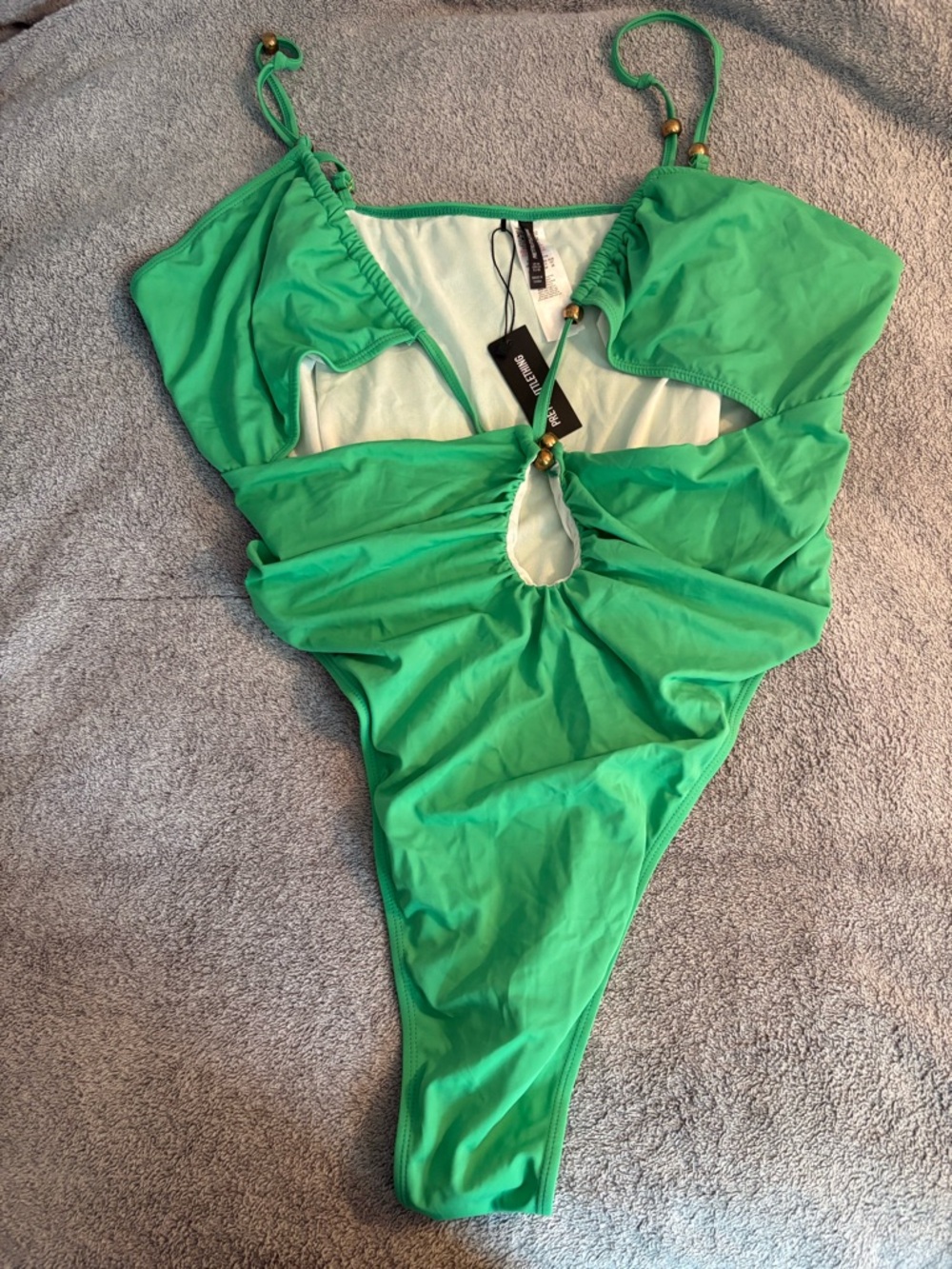 NWT PrettyLittleThing Plus Green Bead Detail Ruched Cut Out Swimsuit US Size 24